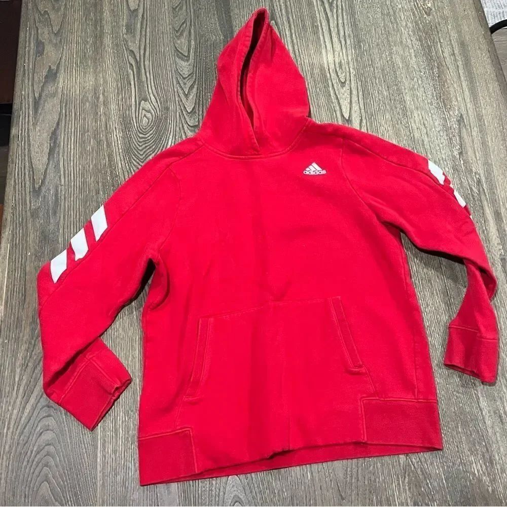 Adidas Youth Sweatshirt Hooded Pocket Front Pullover Logo Print Red Size XL